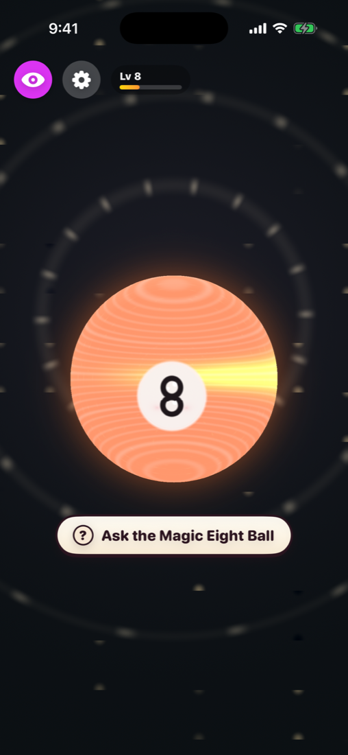 The 3D Liquid Amber 8 on the home screen with the Ask button