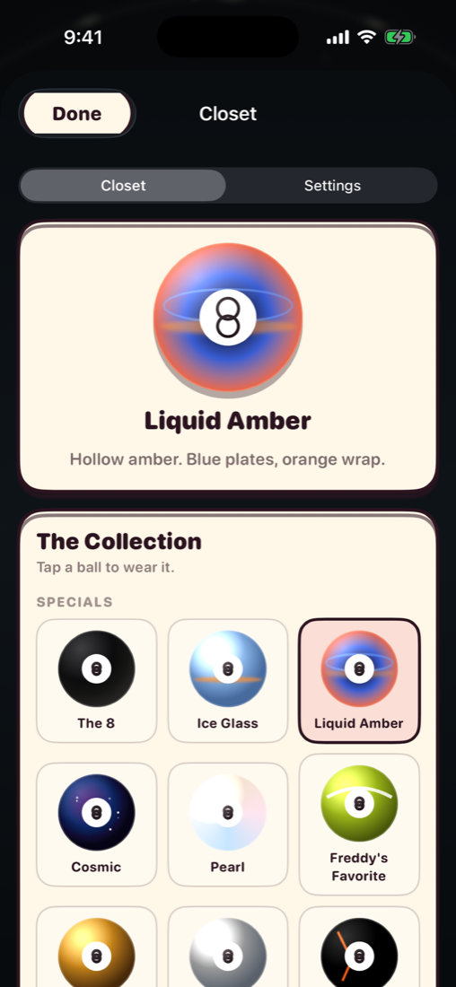 The Closet collection with Liquid Amber selected