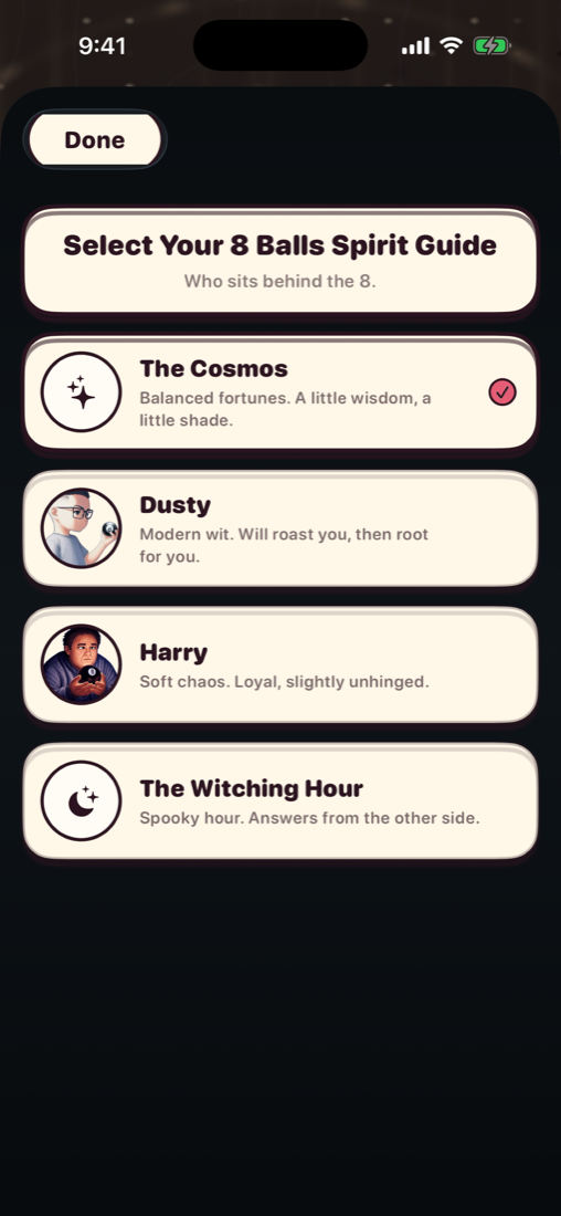 Spirit Guide picker with The Cosmos selected