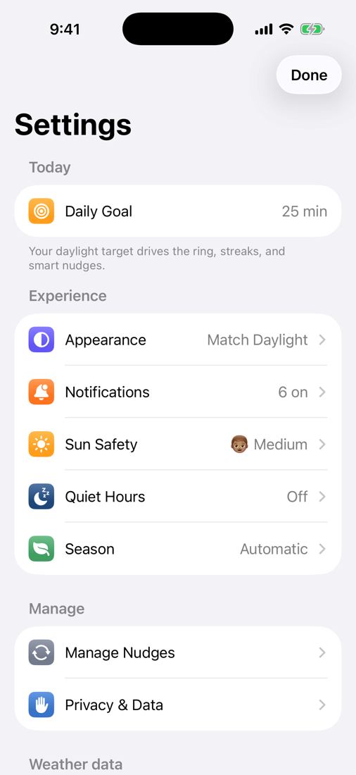 Sun Nudge settings with a 25 minute daily goal