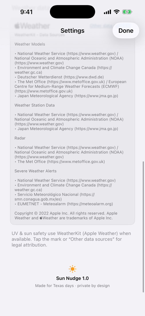 Apple Weather legal attribution opened from Sun Nudge Settings