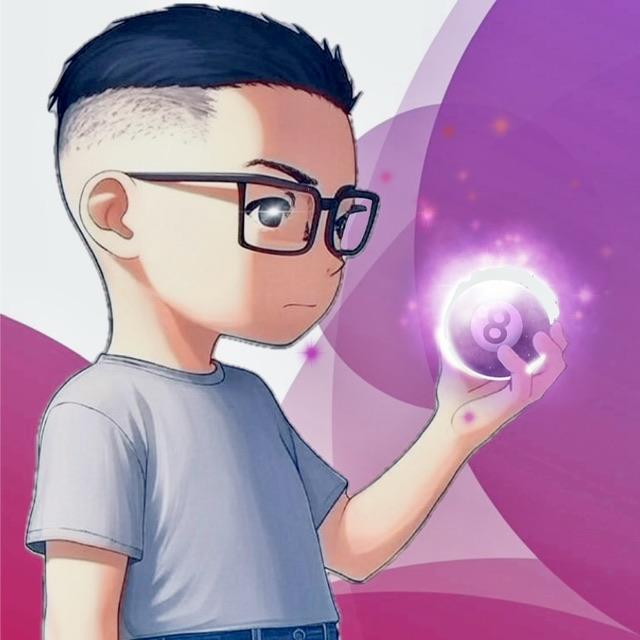Little Dusty holding a glowing Magic 8 Ball with purple mystical energy