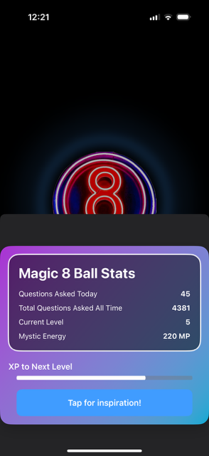 Magic 8 Ball app stats screen showing questions asked, level, and mystic energy